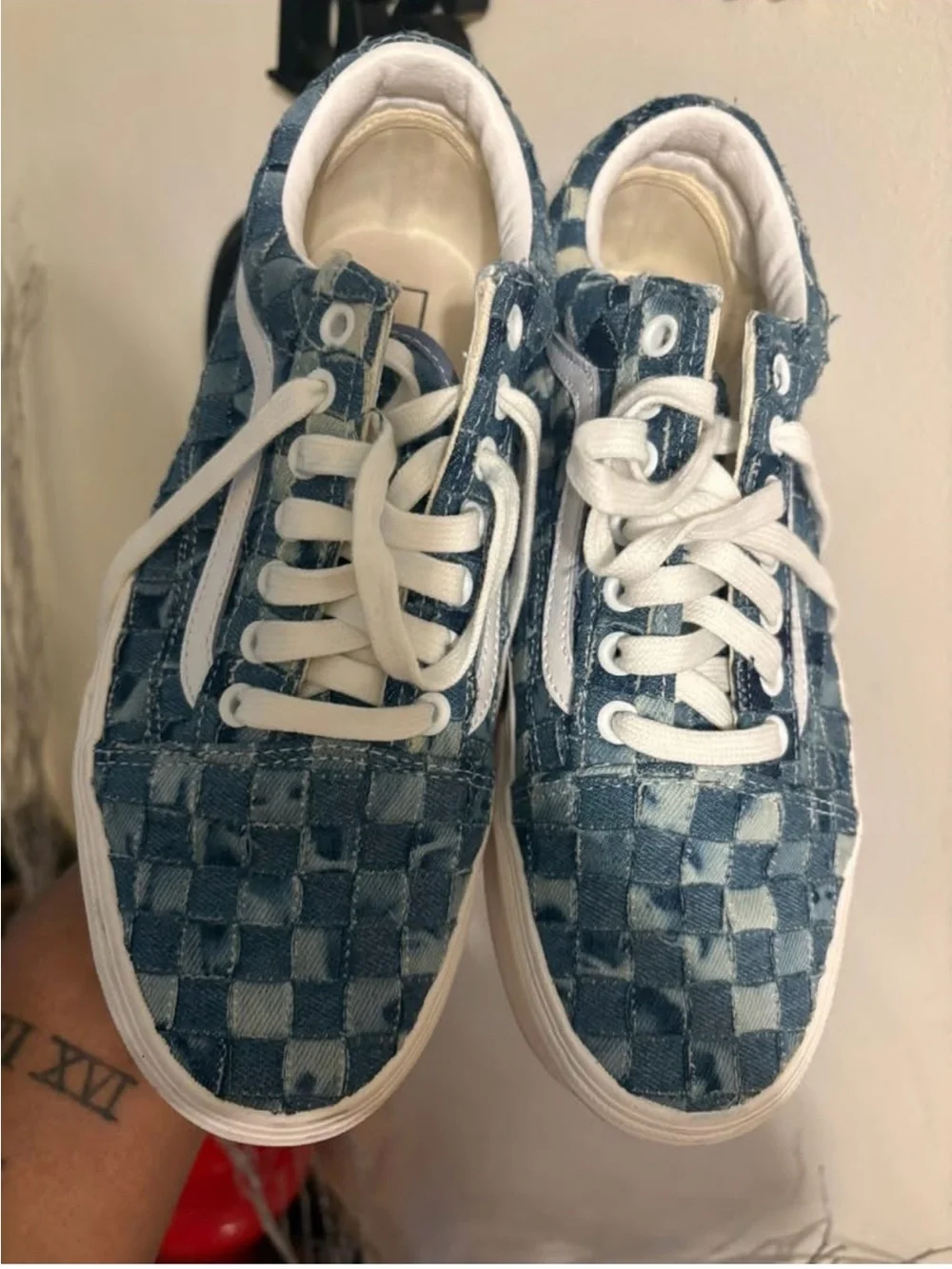 Kids Blue Checkered Denim Lace-Up Sneakers